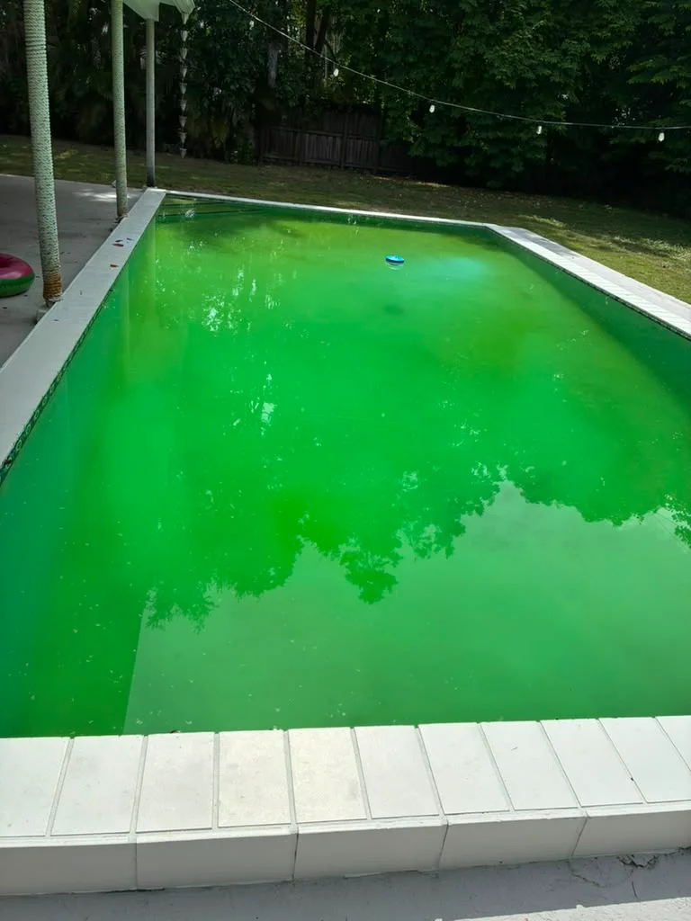 Manchas en el revestimiento de piscina antes de tratar los depósitos de metales